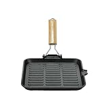 PraTiKo Life Bistecchiera in Ghisa Manico in Legno Pieghevole, Antiaderente, Induzione, Gas e Elettrico, Cottura tipo Brace (24x24 cm Manico Pieghevole)