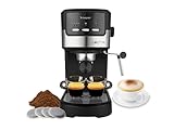 beper P101CAF100 Macchina caffè espresso Duetta, 1100W, Adatto a cialde e caffè in polvere, Macchinetta caffè con braccio a doppia uscita, 15bar, Piano scalda tazze, misurino e pressino inclusi, Nero