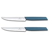 Victorinox Swiss Modern, set di coltelli professionali da bistecca, 2 pezzi, lama extra-affilata, lama seghettata, 12 cm, acciaio inox, blu