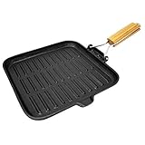 ToCis Big BBQ - Padella squadrata per BBQ e bistecche, in ghisa, con manico in legno pieghevole | Padella scanalata | Padella universale squadrata, 20', con manico pieghevole