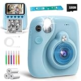 Grutoly Macchina Fotografica Bambini Istantanea, Fotocamera Istantane con Schermo da 3,0 Pollici da 48MP e Scheda da 32G Carta da Stampa e Penne Colorate, Regali per Bambine e Bambini dai 3-12 Anni