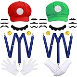 iZoeL Accessori Mario Luigi Bros Cappello di Mario Luigi - Mario Luigi Bros Cappello Guanti Bretelle Baffi Finti Bottoni Accessori, per Costume Carnevale Halloween Cosplay Bambino Uomo Donna