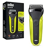 Braun Series 3 300 Rasoio Elettrico Per Barba Con 3 Lame Flessibili, Ricaricabile E Senza Fili, Rasoio Elettrico A Lamina Lavabile, Nero/Verde Elettrico