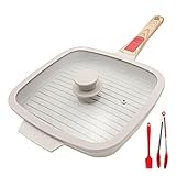 RANX INGST Bistecchiera Antiaderente con Maniglia Rimovibile, Padella Griglia con Coperchio, Pietra 26 x 24 cm Quadrata per Induzione, Alluminio pressofuso - Bianco