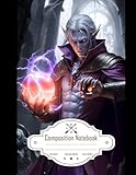 Composition Notebook College Ruled: Elven Wizard in Red Robes Conjuring Undead with Purple Energy Ball, Dragon Battle in Background, 4K FULL HD, ... High Detail, Size 8.5x11 Inches, 120 Pages