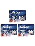 Netac 64G Scheda Micro SD, Scheda di Memoria 3 Pack, A1, U3, C10, V30, 4K, 667X, UHS-I, Velocità Fino a 100/30 MB/Sec(R/W), Micro SD Card per Telefono, Videocamera, Switch, Tablet