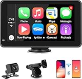 CarPlay e Android Auto Senza Fili, Display CarPlay Portatile da 7 Pollici con Telecamera Posteriore da 720P, Supporta Bluetooth, Airplay/Mirror Link, Siri/Google Voice Control, GPS, FM, AUX