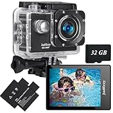 Jadfezy Action Cam 1080P con scheda da 32 GB, Macchina Fotografica Subacquea impermeabile 30M, Fotocamera Subacquea con Due 900mAh Batterie Ricaricabili e Kit Accessori