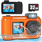 Fotocamera subacquea da 10 m, 4 K, 48 MP, impermeabile, con scheda da 32 GB, doppio schermo, robusta, antipolvere, antiurto, autofocus, per selfie, snorkeling, immersioni, sport, viaggi (arancione)