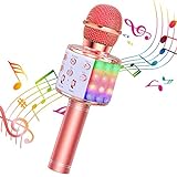 ShinePick Microfono Karaoke, 4 in 1 Bluetooth Wireless LED Flash Microfono Portatile Karaoke Player con Altoparlante per Android/iOS, PC e Smartphone(Oro Rosa)