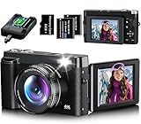 Macchina Fotografica 4K 48MP Autofocus Fotocamera Digitale con Zoom 16X, Schermo Flip 180° Fotocamera Compatta con scheda di Memoria da 32G, Stazione di Ricarica, 2 Batterie per Principianti（Nero）